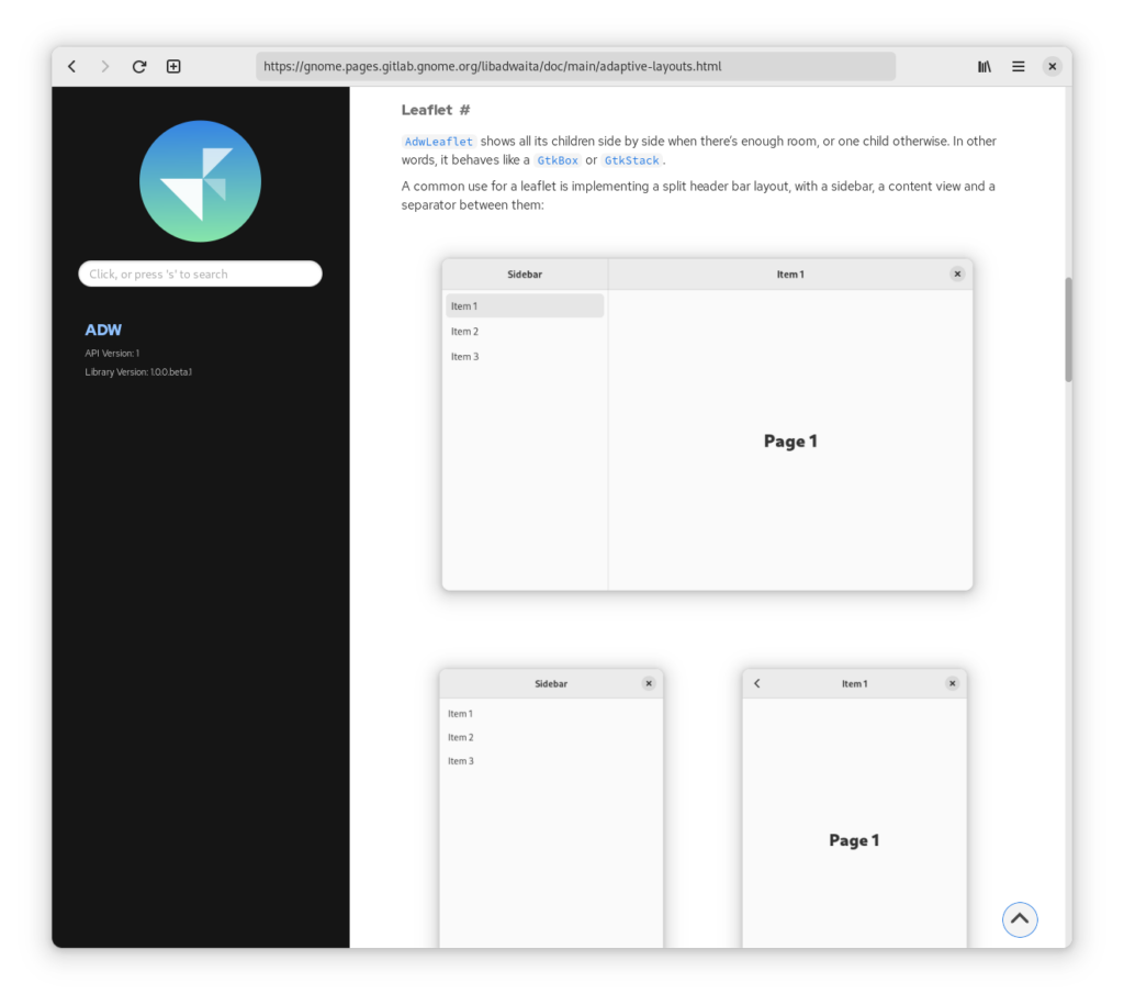 Libadwaita docs, adaptive layouts page, showing leaflet