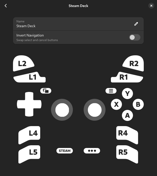 Screenshot of gamepad preferences in Highscore, showing Steam Deck gamepad